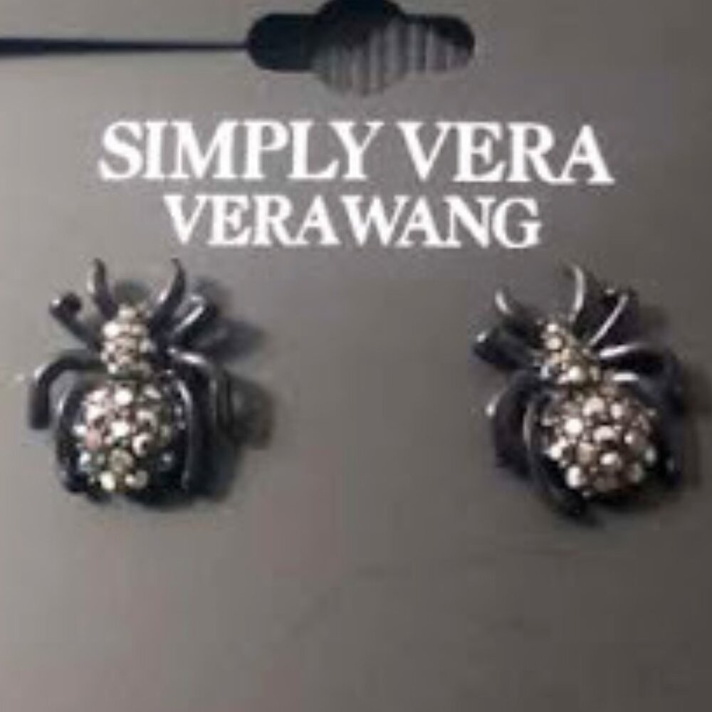 VERA WANG Goth Halloween Spider Black Hematite Crystal Stud Earrings**NEW! - Picture 2 of 2